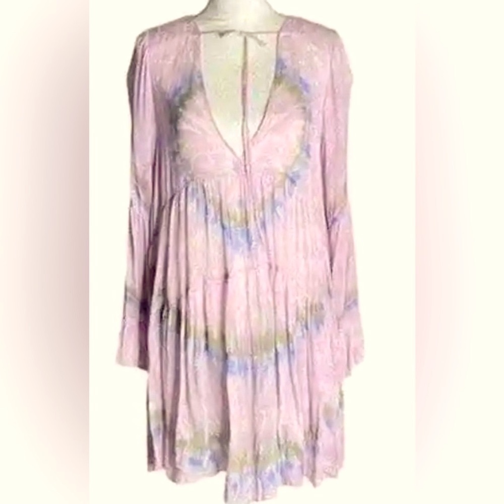 Young Fabulous & Broke Flowy Rosa Boho Pastel Tie Dye Swing Dress w Bell Sleeves